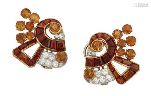 A pair of citrine and diamond earclips, of scroll and fan design set with vari-coloured circular and