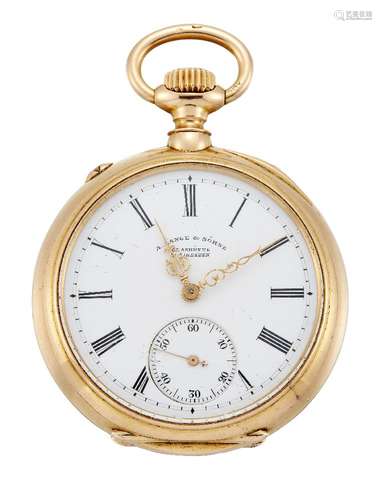 An early 20th century gold open-face keyless fob watch by A Lange & Söhne, the white enamel dial