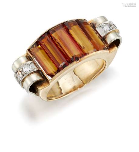 A Retro gold, citrine and diamond ring, the arched central panel set with five rectangular-cut