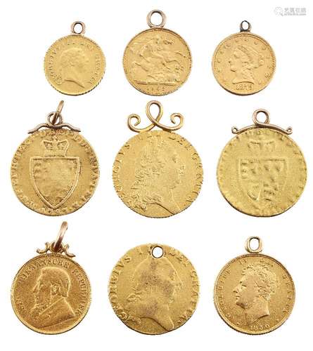 A group of nine pendant mounted gold coins, comprising: four George III spade guineas, 1793, 1797,