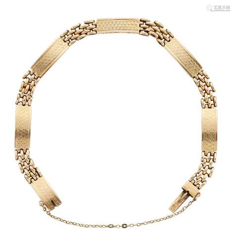 A bracelet, composed of engraved curved rectangular panels with flexible brick link sections