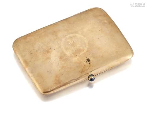 An early 20th century gold cigarette case, of rounded rectangular form with cabochon sapphire push-