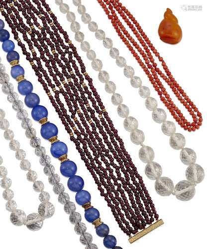 A collection of bead necklaces, including: a coral, corallium rubrum, double-row; a polished