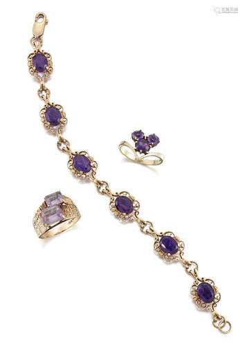 A small group of amethyst jewellery, comprising: a bracelet composed of a line of six oval amethysts