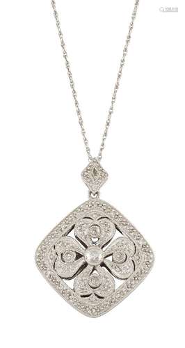 A diamond pendant necklace, the pendant with central quatrefoil motif within a rounded square