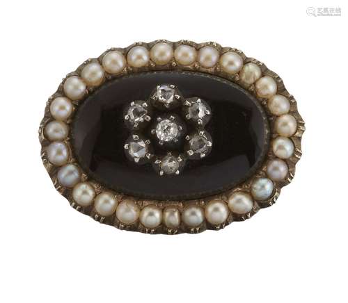 An early 19th century diamond, enamel and seed pearl brooch, the central old and rose-cut diamond