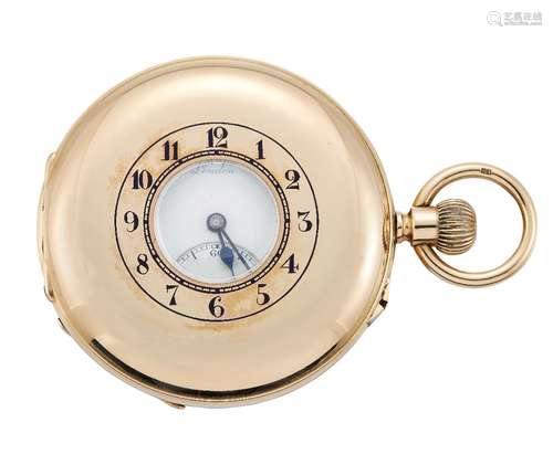 An 18ct gold demi-hunter cased keyless pocket watch by J W Benson, the white enamel dial with Arabic