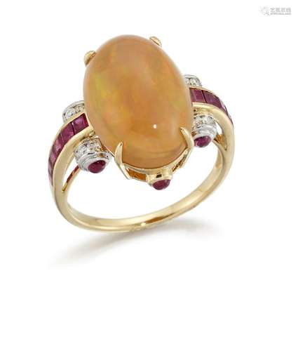 An opal, ruby and diamond ring, the oval cabochon opal to square-cut ruby line shoulders with