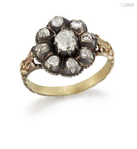 A 19th century rose-cut diamond cluster ring, in closed setting, mounted in silver and gold, ring