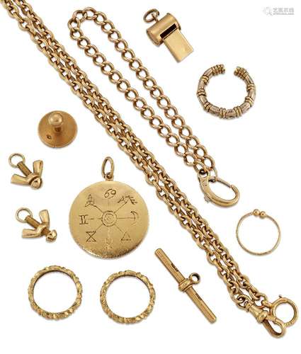 A group of miscellaneous 18ct gold jewellery, comprising: an 18ct gold circular zodiac pendant, 17.