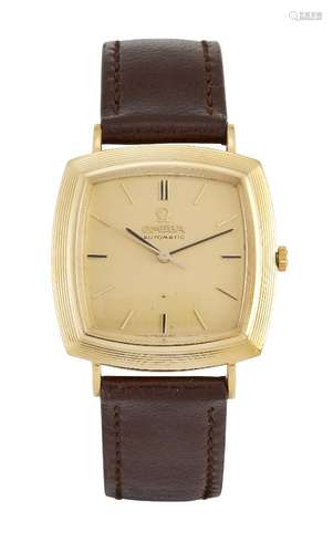 An 18ct gold automatic wristwatch by Omega, the cushion shaped gilt dial with baton markers and