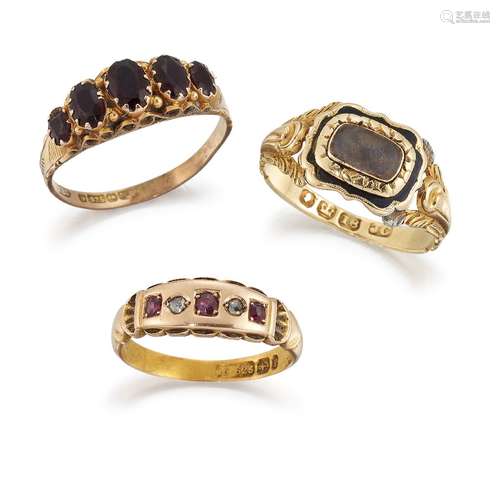 A George III mourning ring and two late Victorian gem rings, the first 18ct gold, the central