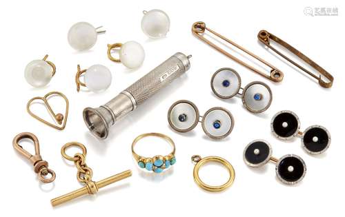 A small group of jewellery, cufflinks and other items, comprising: a late 19th century gold and