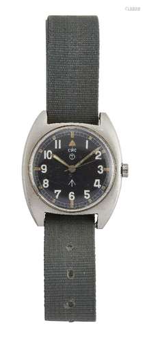 A 1980s, stainless steel, British military issue W 10 wristwatch by CWC, the black enamel dial