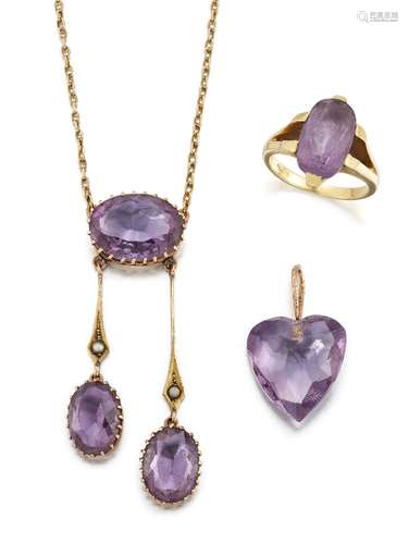 A small group of amethyst jewellery, comprising: a late 19th / early 20th gold necklace, the central