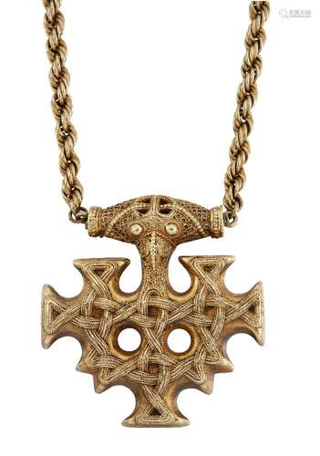 A late 19th century silver gilt Viking Revival pectoral cross pendant necklace by Paul Telge after