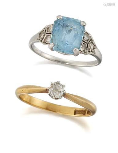 Two rings, comprising: an aquamarine single stone with single-cut diamond three stone shoulders,