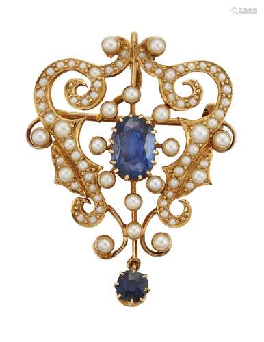 A late 19th / early 20th century gold, sapphire and half-pearl brooch / pendant, the central oval