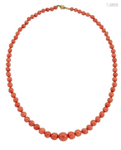 A coral necklace, composed of a single row of coral, corallium rubrum, beads, graduating from