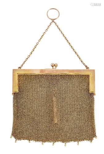 A 9ct gold mesh purse, with polished rectangular frame and bead detail, suspended from a chain,