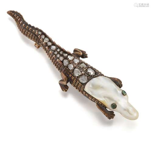 A late 19th century gold, blister pearl, diamond and emerald brooch, modelled as a crocodile, the