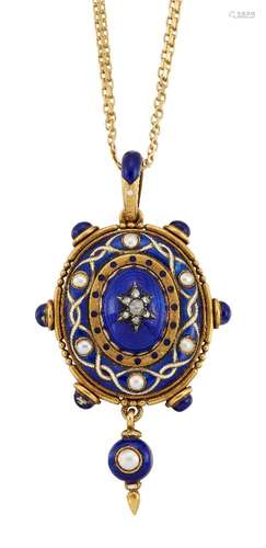 A Victorian gold, enamel, diamond and half-pearl locket pendant, the central blue enamel boss with