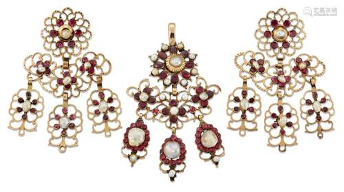 A late 19th century Iberian gold, garnet and pearl pendant and pair of pendent earrings, the pendant