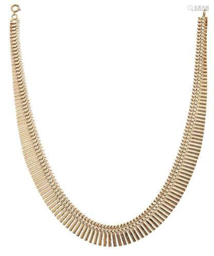 A 9ct gold necklace, of fancy link design suspending a graduated fringe of rectangular links,