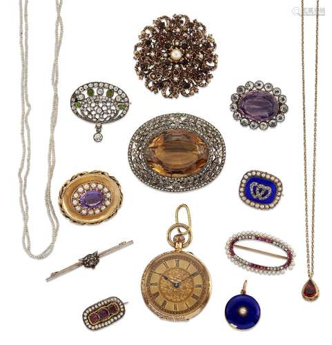 A group of jewellery and a gold fob watch, jewellery comprises: an Edwardian gold mounted old-