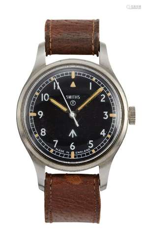 A stainless steel, British military issue W10 wristwatch by Smiths, the black enamel dial with white