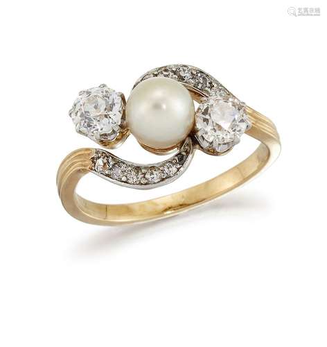 An Edwardian century pearl and diamond ring, of crossover design, the central pearl between old-