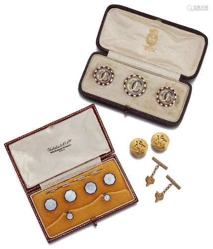 A group of antique buttons, studs and cufflinks, comprising: a set of three gold, reverse painted