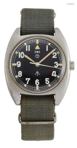 A 1970s stainless steel, British military issue W 10 wristwatch by CWC, the black enamel dial with