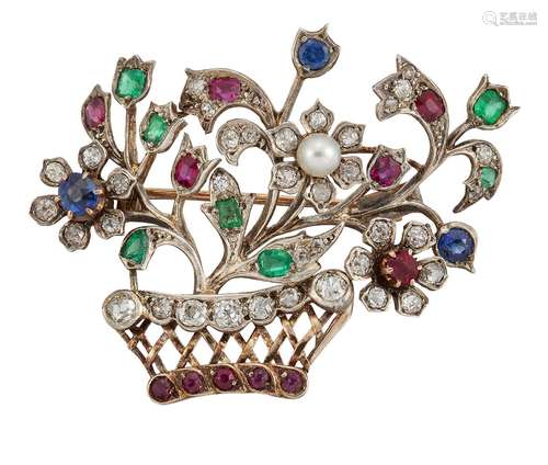 A 19th century diamond and gem brooch, modelled as an old-cut diamond and circular-cut ruby openwork