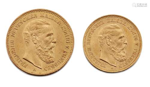 Two gold coins, comprising: a German 20 mark, 1888; and a German 10 mark, 1888 (2)Please refer to