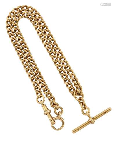 An 18ct gold watch chain, of curb link design with bolt ring and clip terminals and sliding 'T'