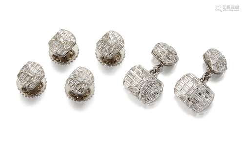 A diamond dress-set, comprising: a pair of cufflinks composed of two baguette-cut diamond