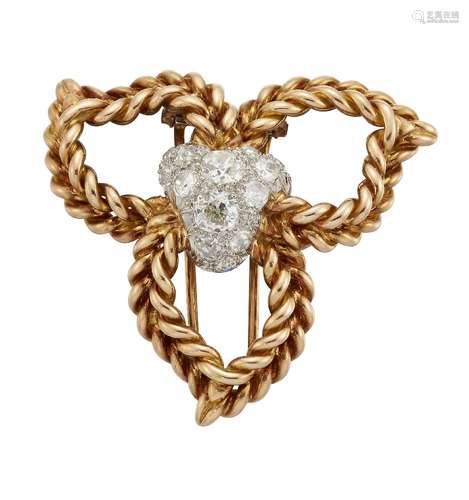 A diamond brooch by Sterle, of ropwework open trefoil design with old-brilliant-cut diamond