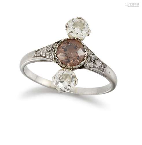 An early 20th century brown diamond and diamond ring, the central old-brilliant-cut brown diamond