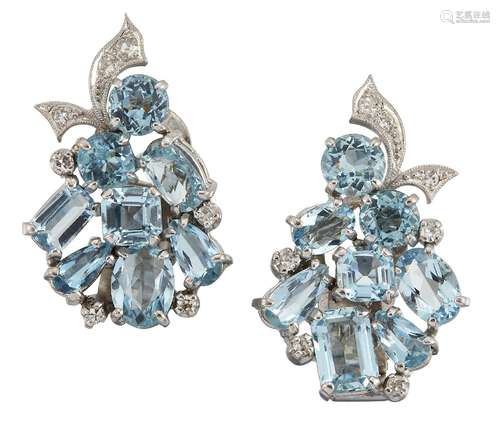 A pair of aquamarine and diamond earrings, of vari-cut aquamarine tapered spray design with single-