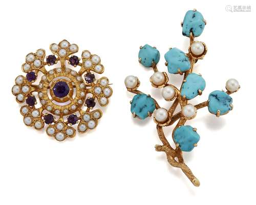 Two gem brooches. comprising: a tumble polished turquoise and cultured pearl foliate spray, length