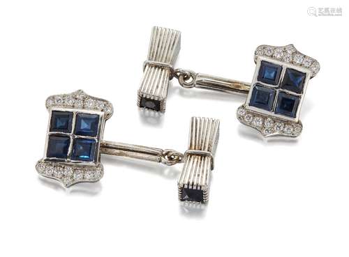 A pair of sapphire and diamond cufflinks by Katia Vita, composed of square-cut sapphire four stone