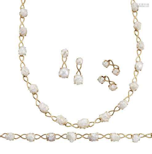 A freshwater cultured pearl necklace and bracelet by Tiffany & Co., the graduated baroque cultured