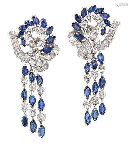 A pair of sapphire and diamond earrings, the brilliant-cut diamond and marquise-cut sapphire