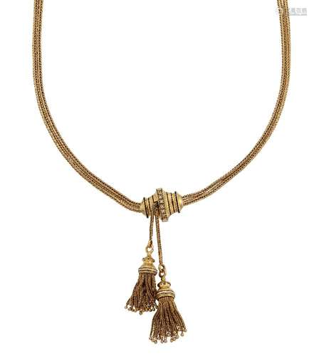 An early 20th century gold necklace, of double-row chevron-link design suspending a black enamel and