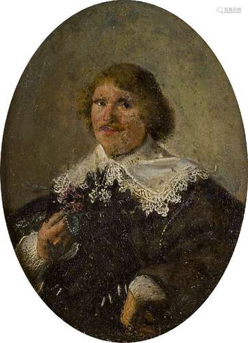 Dutch School, mid-17th century- Portrait of a man, half-length turned to the left, holding a flower;