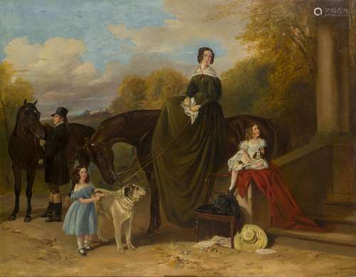 Richard Ansdell RA, British 1815-1885- Family scene with hunters and pet dogs; oil on canvas, signed