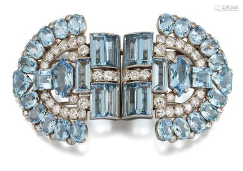 An Art Deco aquamarine and diamond double clip brooch, of opposing arch design, the baguette-cut