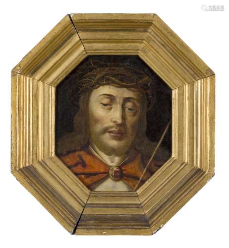 Hispano-Flemish School, 17th century- Portrait of Christ as Man of Sorrows; oil on hexagonal