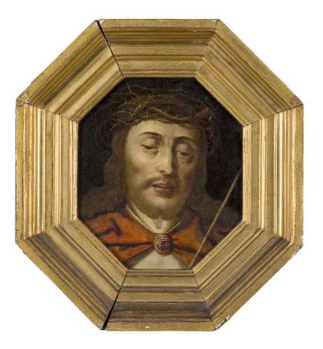 Hispano-Flemish School, 17th century- Portrait of Christ as Man of Sorrows; oil on hexagonal